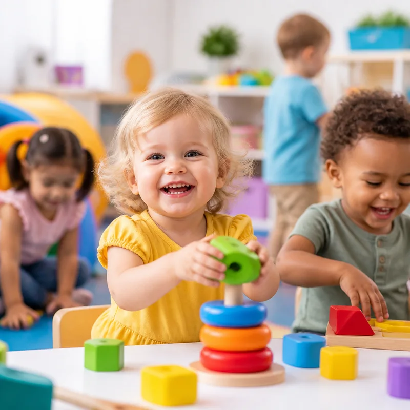 Toddler child playing with colorful blocks in a preschool classroom