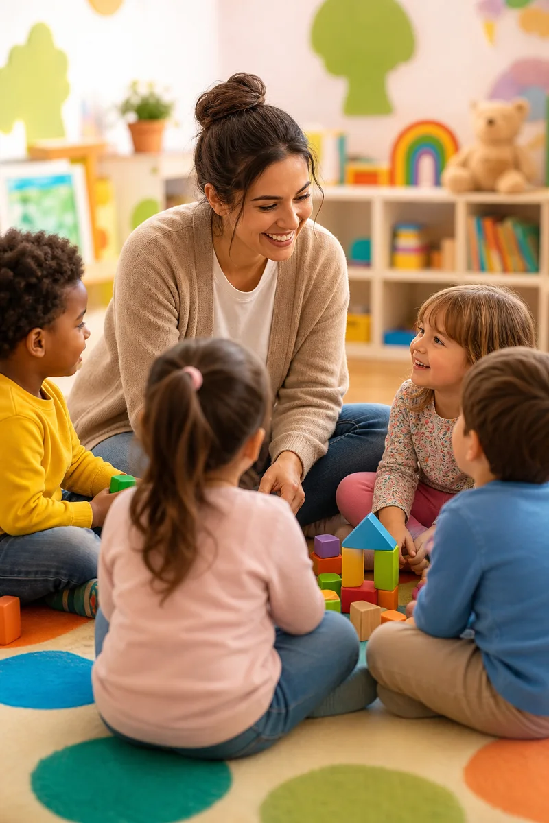 A smiling teacher at The Preschool at DUMC in Doylestown