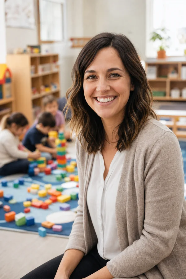 A skilled teacher assistant supporting children during a classroom activity