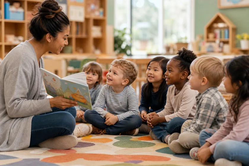 Teacher reading with older preschool children during kindergarten readiness at The Preschool at DUMC