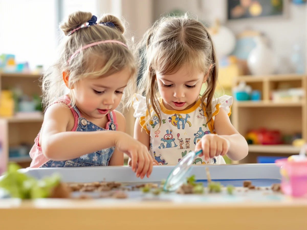 Children exploring a discovery activity together in a colorful preschool classroom