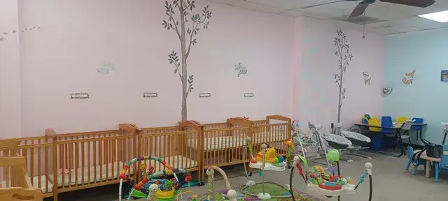 A room with wooden cribs, colorful activity centers, and wall decals of trees and animals.