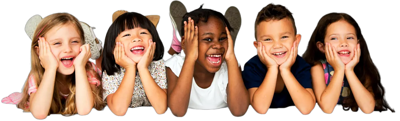 Five children rest their chins on their hands and smile at the camera against a black background, with two wearing animal-ear headbands.