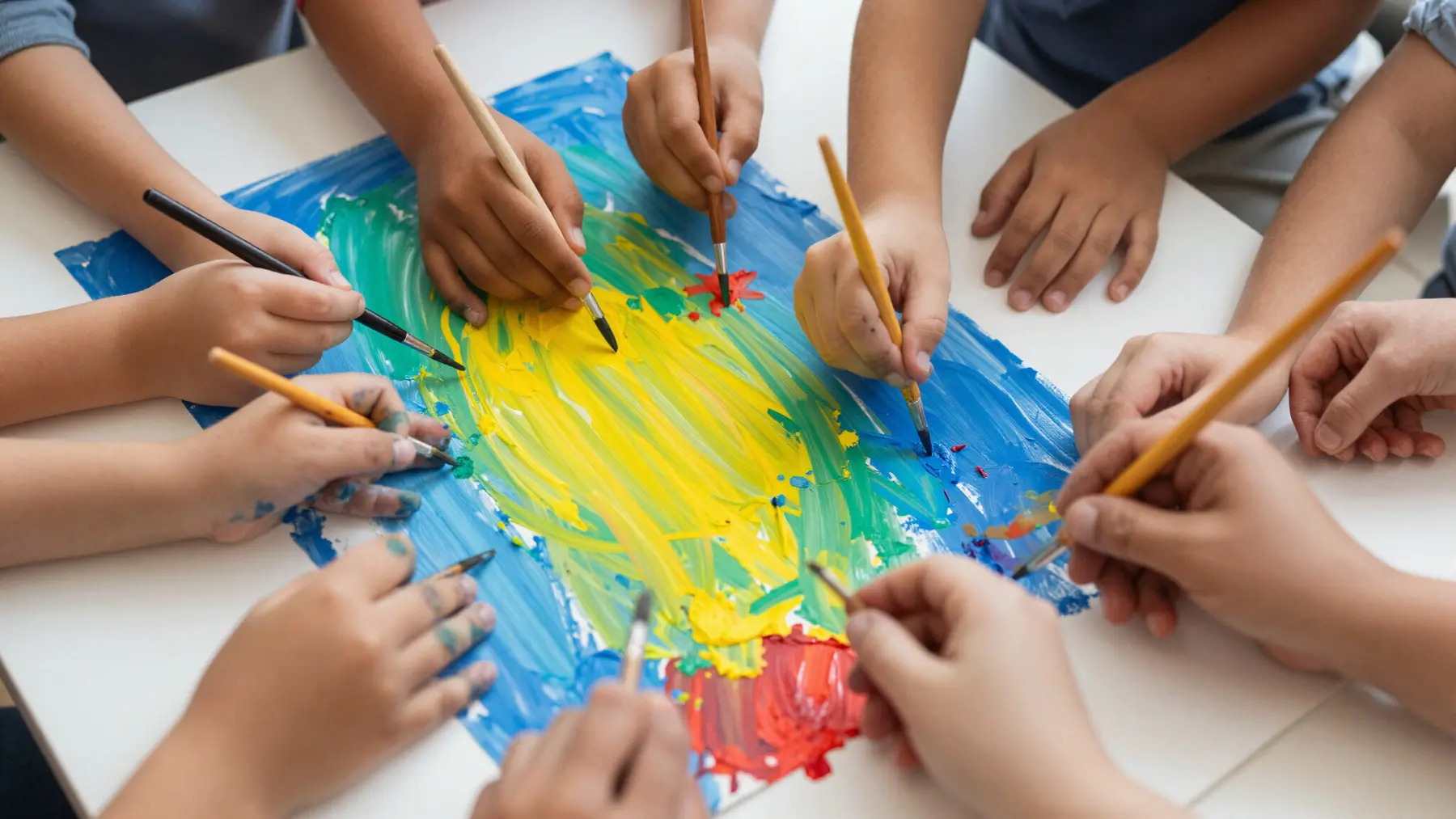 Several children's hands reach toward a large paper covered in blue, green, yellow, and red paint, holding paintbrushes and applying color.