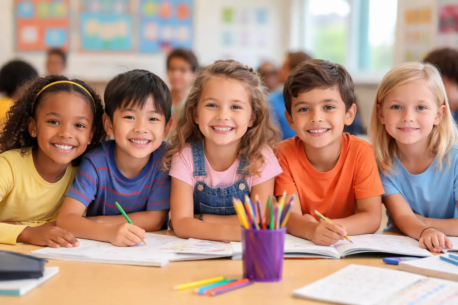 Five children sit at a table with open notebooks and a cup of colored pencils, smiling at the camera.