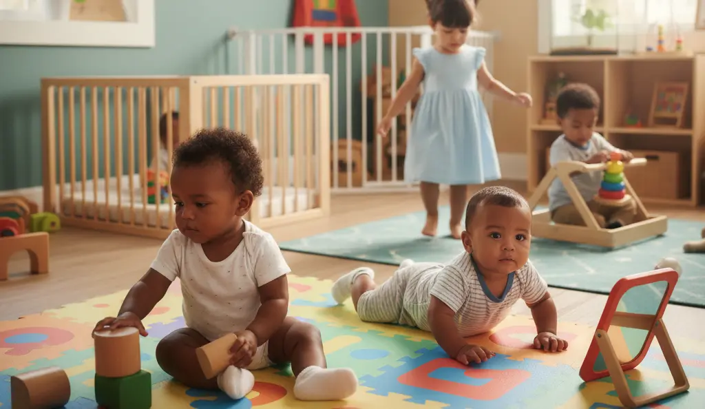 Two babies sit and crawl on a colorful play mat with wooden toys while a toddler in a blue dress stands and another child plays at a wooden activity center in a room with a crib.