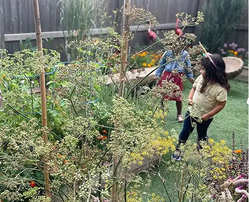 Two children stand among tall leafy plants in a garden, one in a blue top and red skirt and the other in a yellow shirt and dark pants.