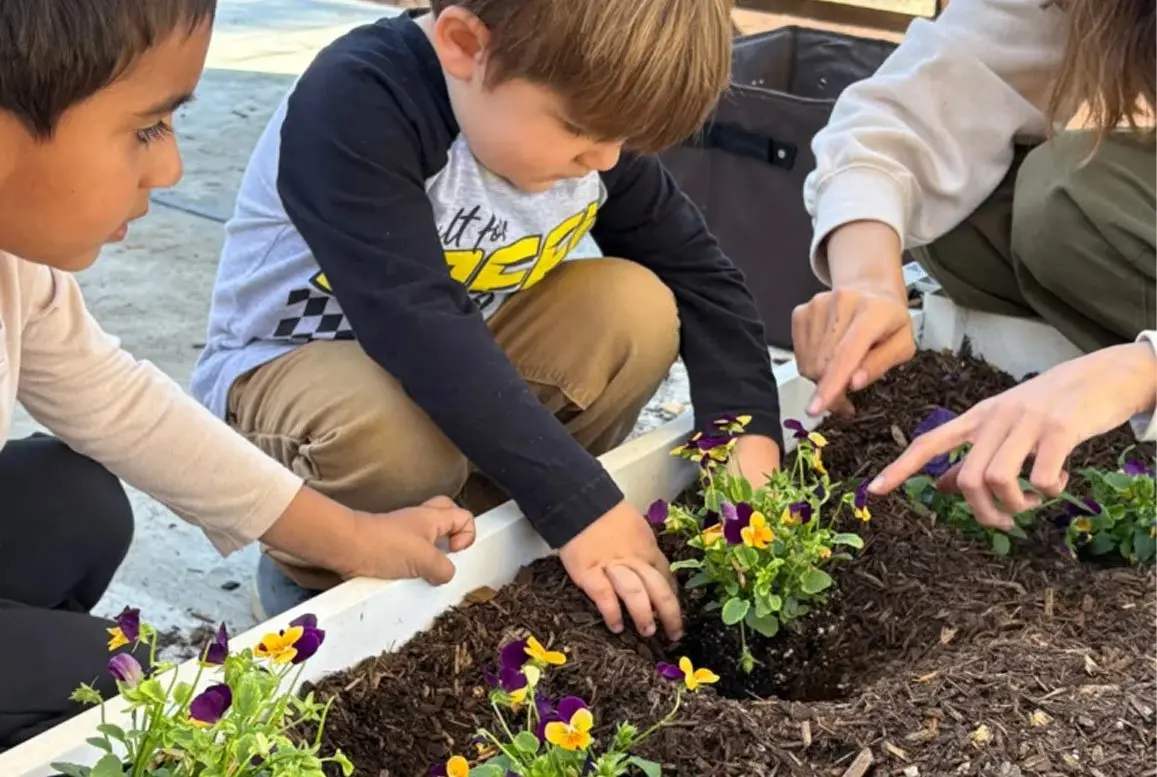 Three children crouch around a white planter box filled with dark soil, touching and pointing at small purple and yellow flowers.