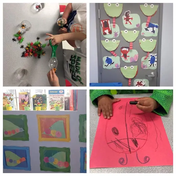 A collage of four images showing children playing with plastic insects, frog crafts on a door, framed artwork, and a child drawing on pink paper.