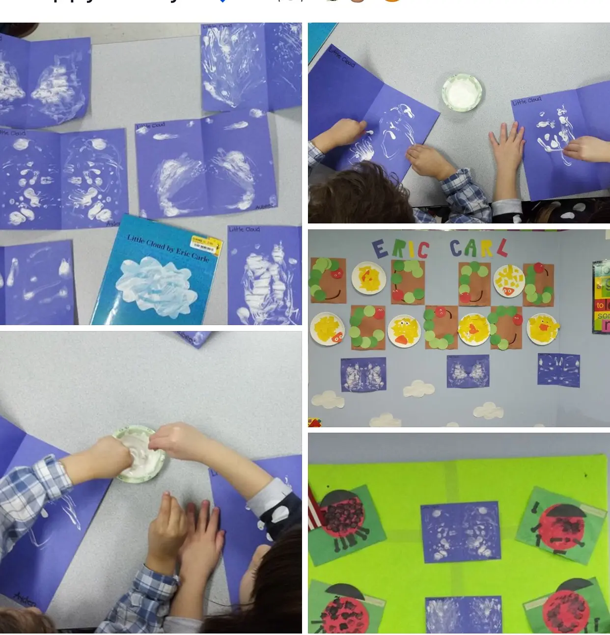 Children's hands press white paint onto blue folded paper next to a copy of 'Little Cloud' by Eric Carle, with a wall display of paper plate crafts in the background.