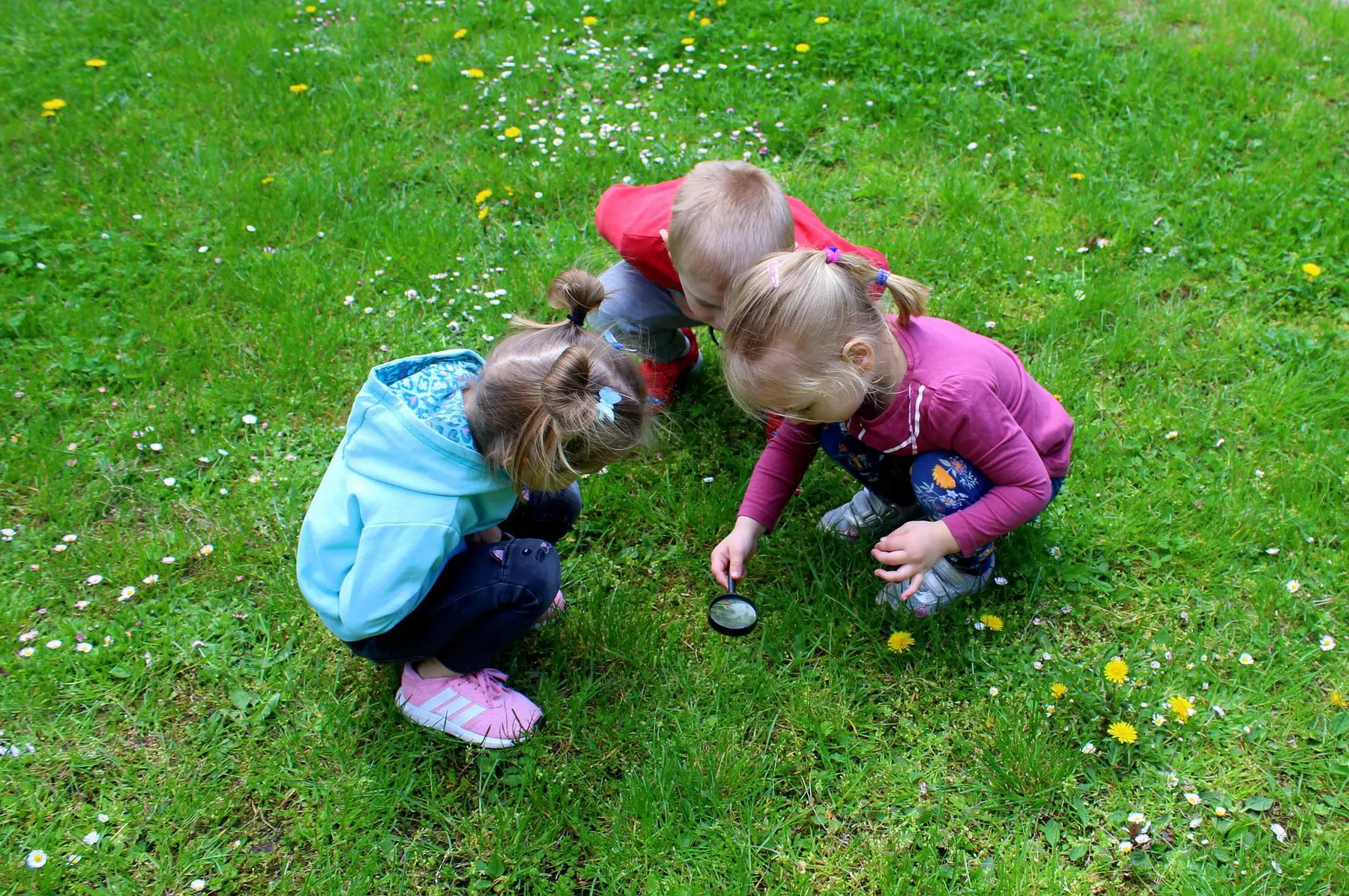 Three young children crouch on a grassy lawn, with one child holding a small magnifying glass near the ground while the others look on.