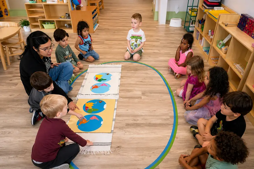 A teacher and nine children sit on a wood floor around a long mat with painted blue circles, while one boy touches a circle and others watch.