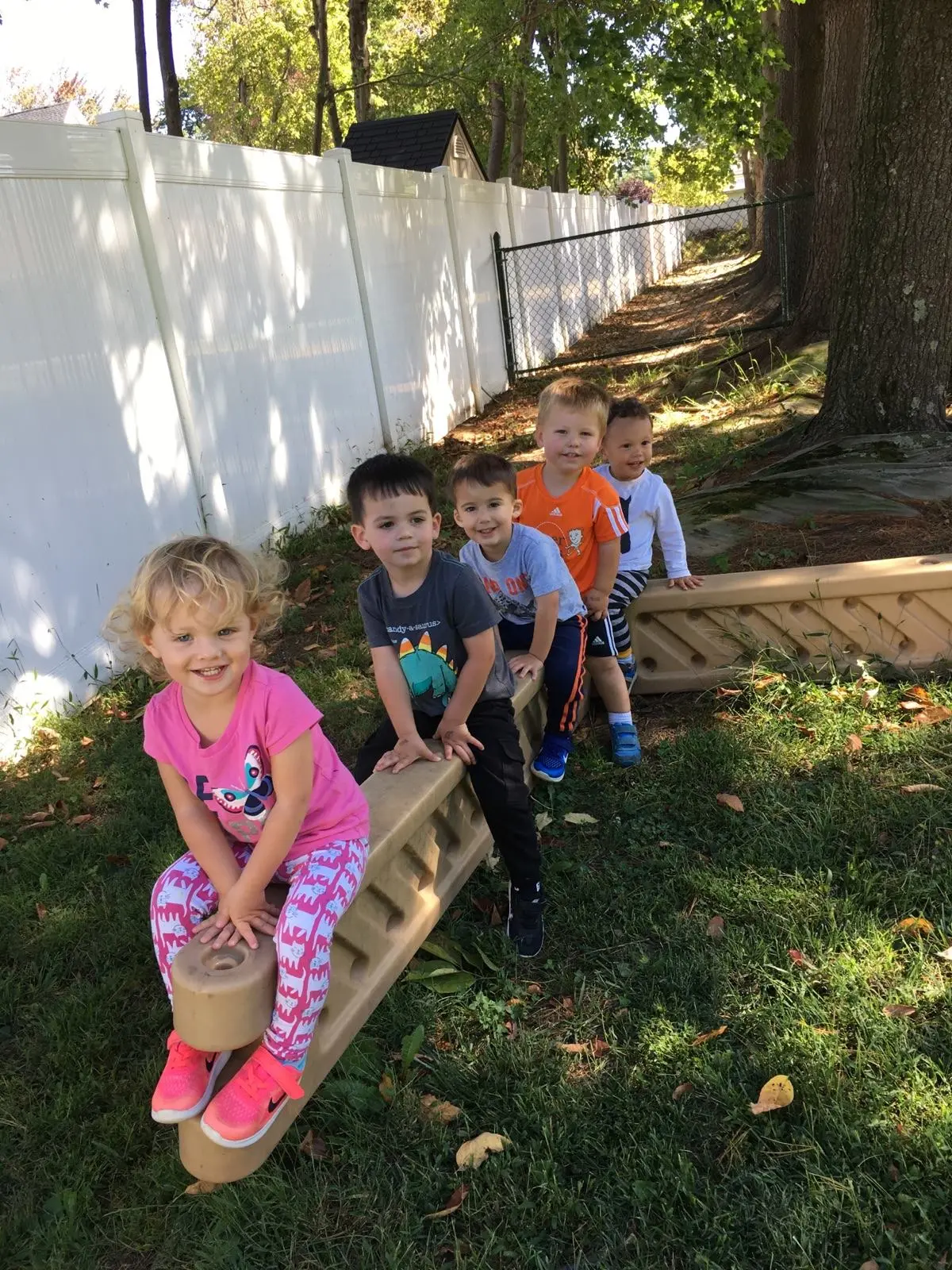 Five young children sitting on a wooden playground structure in a grassy backyard with trees and a white fence in the background.