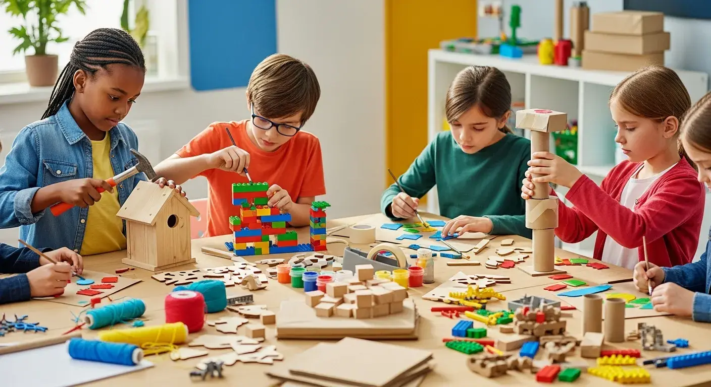 Six children engage in various craft activities at a table with building blocks, wooden pieces, and art supplies.