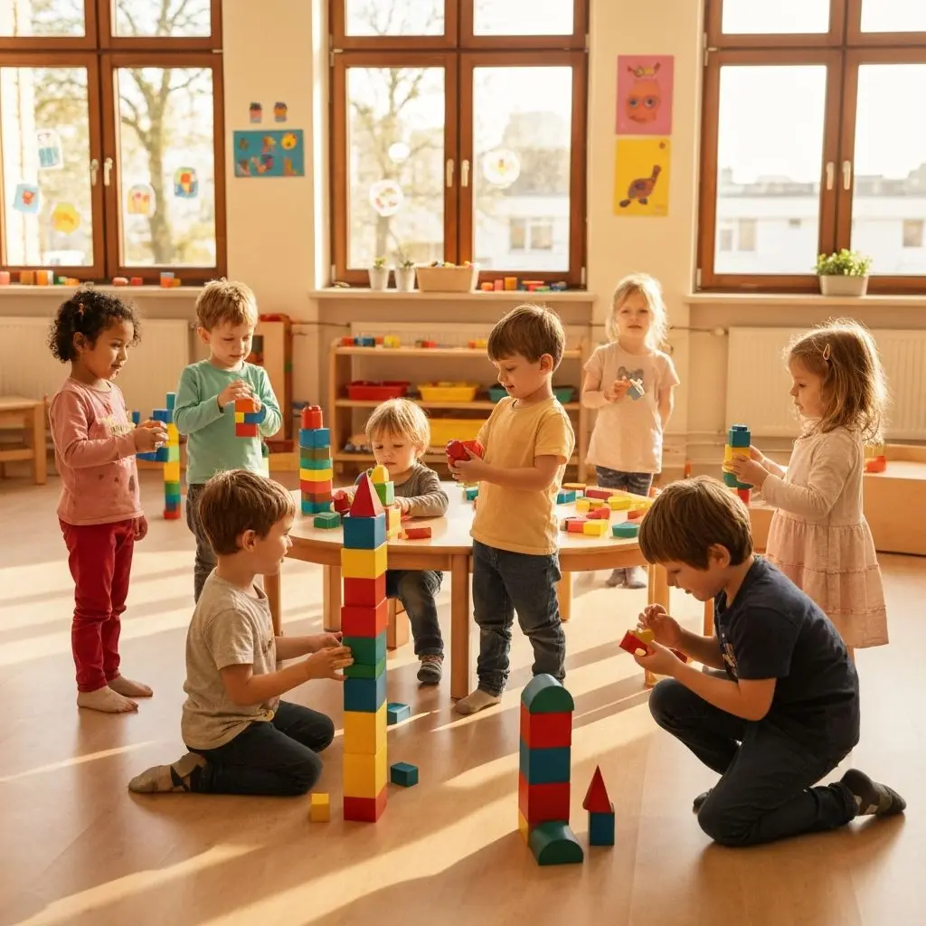 Eight preschool children play with colorful building blocks around a table in a sunlit classroom.