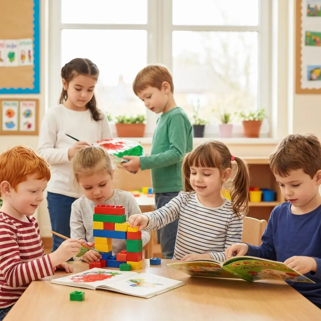 Six preschool children engage in activities at a classroom table: building with colorful blocks, painting, and reading books.