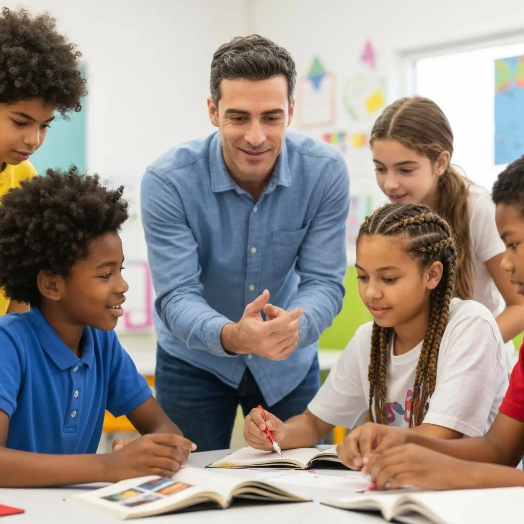 A group of school-aged children and an adult gather around a table with open books in a classroom setting.