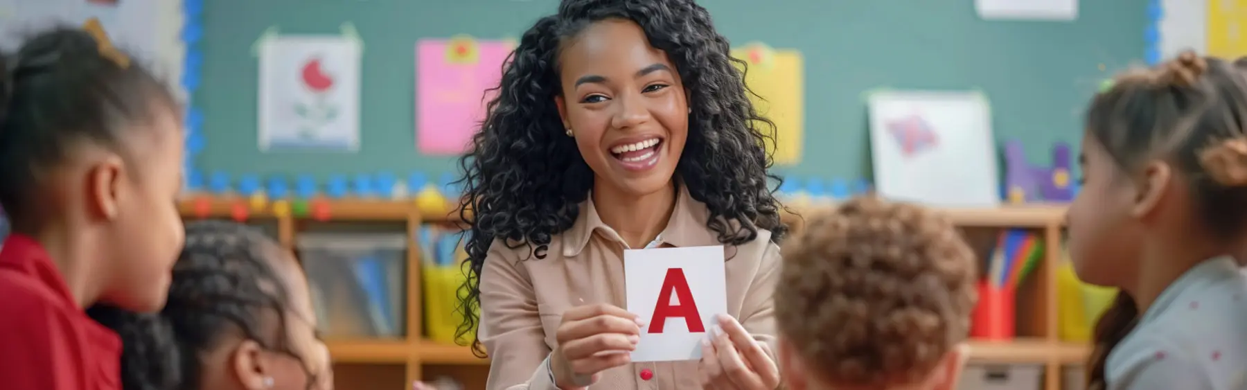 A woman holding a card with the letter 'A' while interacting with children in a classroom setting.