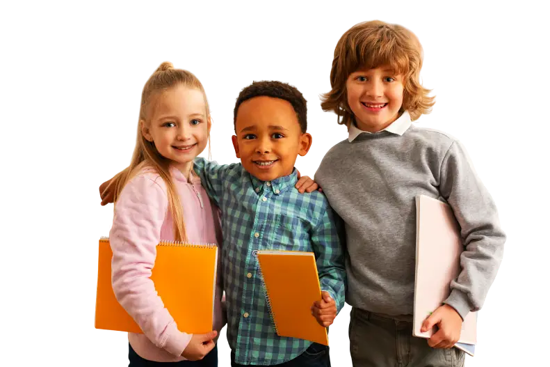Three children holding notebooks pose against a black background.