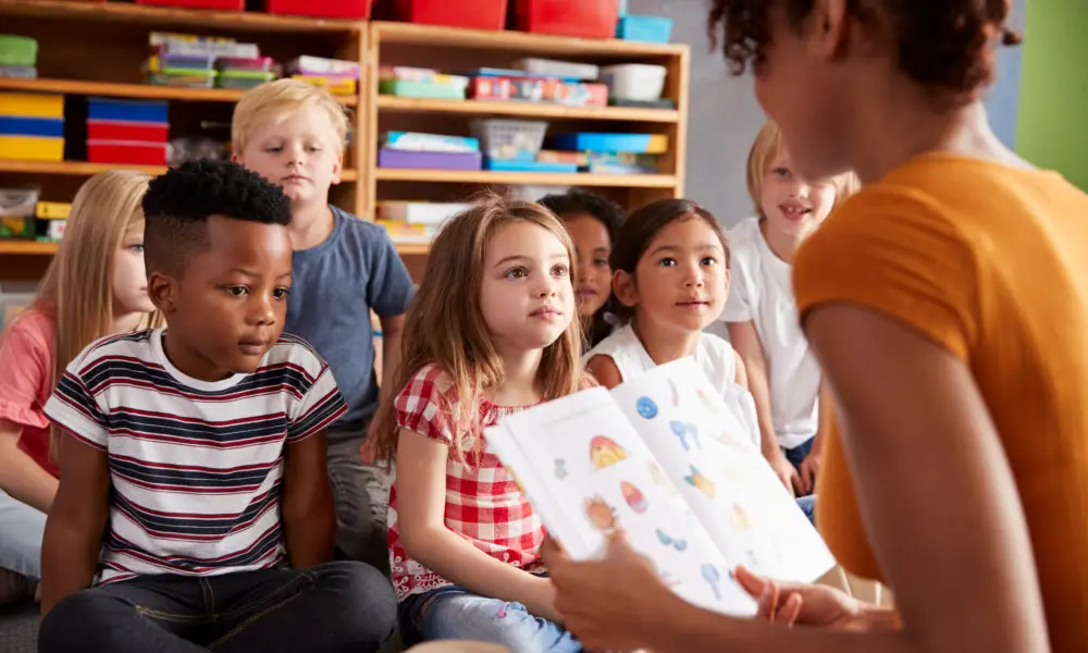 A group of preschool children sitting in a classroom listening to an adult reading a book.