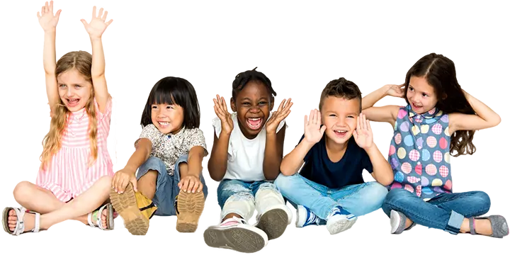 Five children sit in a row against a black background, smiling and raising their hands or arms in playful poses.
