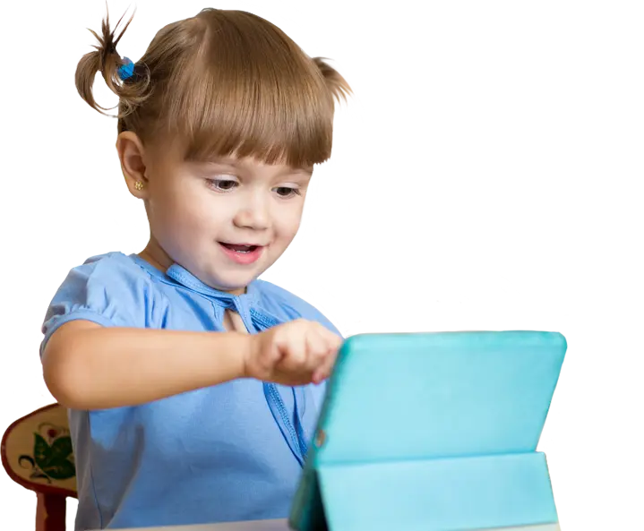 A young girl with pigtails and a blue top smiles while touching a blue tablet case.